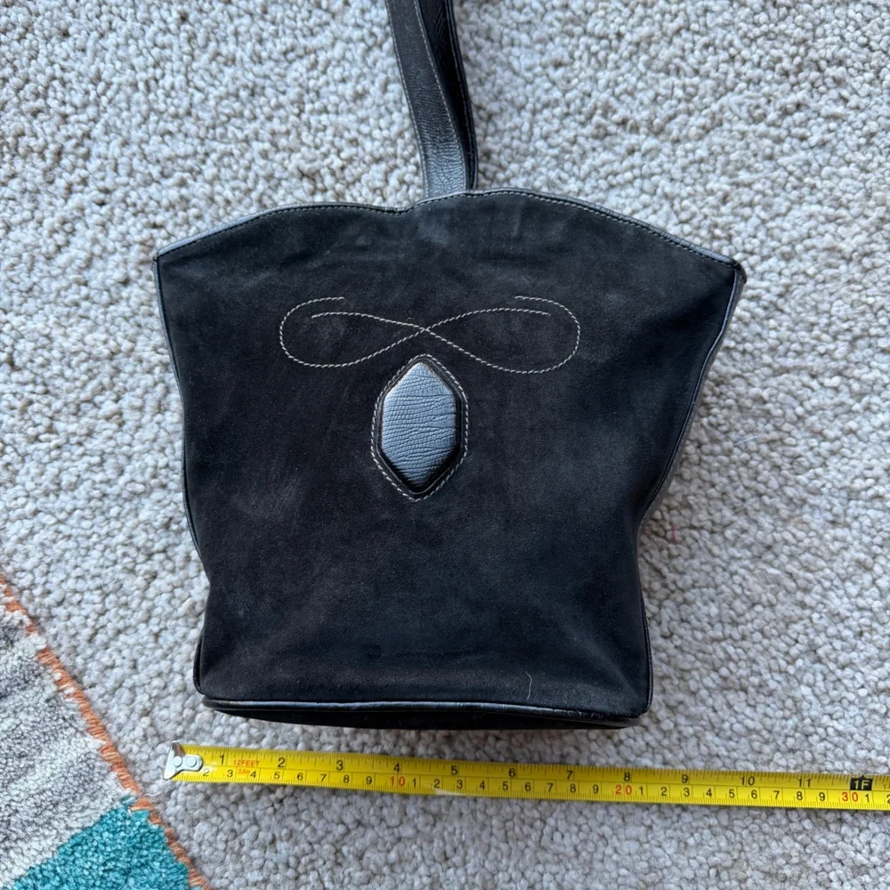 Vintage Roberto Ricci Black Suede Western Bag Stamped Lizard Trim Details